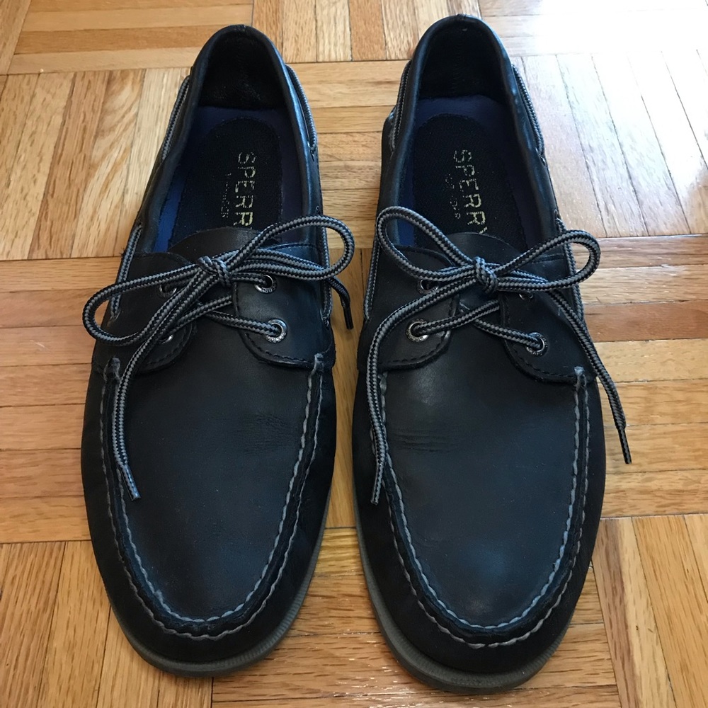 Mens 11 Black Leather Sperry Top-Sider Boat Shoes